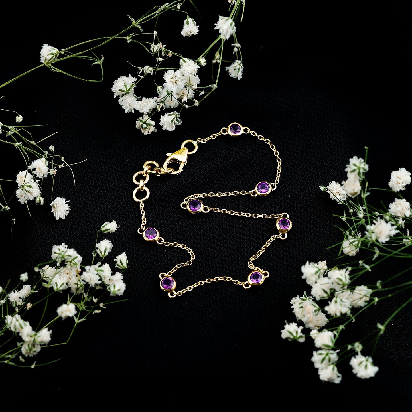 Real Amethyst Chain Bracelet in Bezel Setting