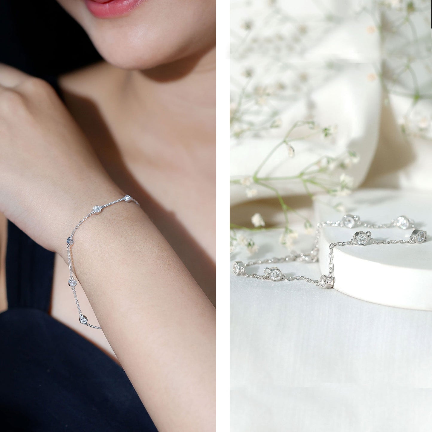 Round Cut Certified Moissanite Chain Bracelet in Bezel Setting