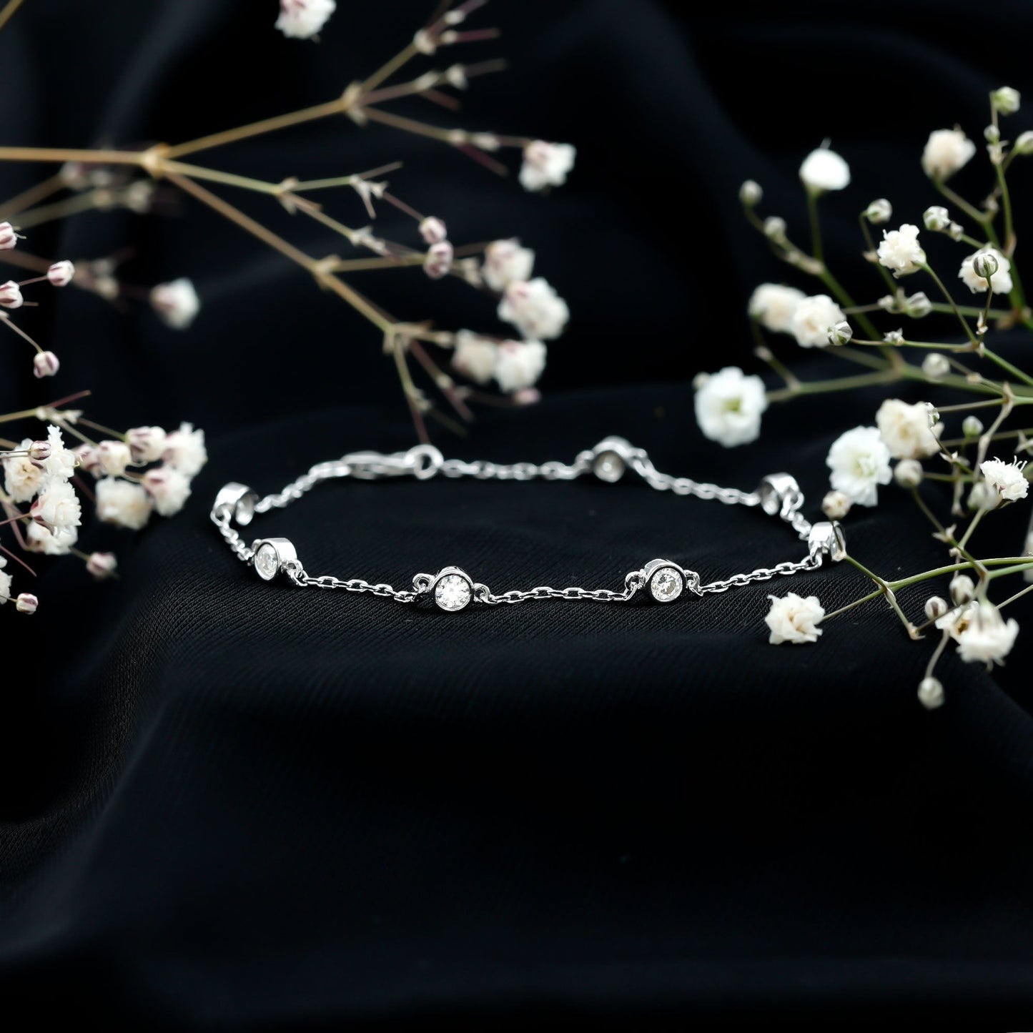 Round Cut Certified Moissanite Chain Bracelet in Bezel Setting