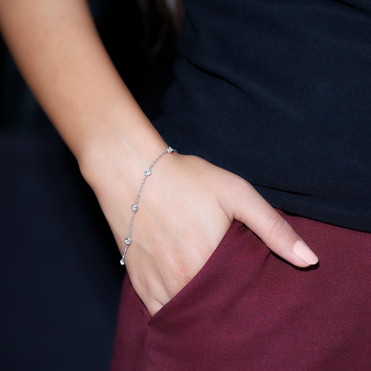Round Cut Certified Moissanite Chain Bracelet in Bezel Setting