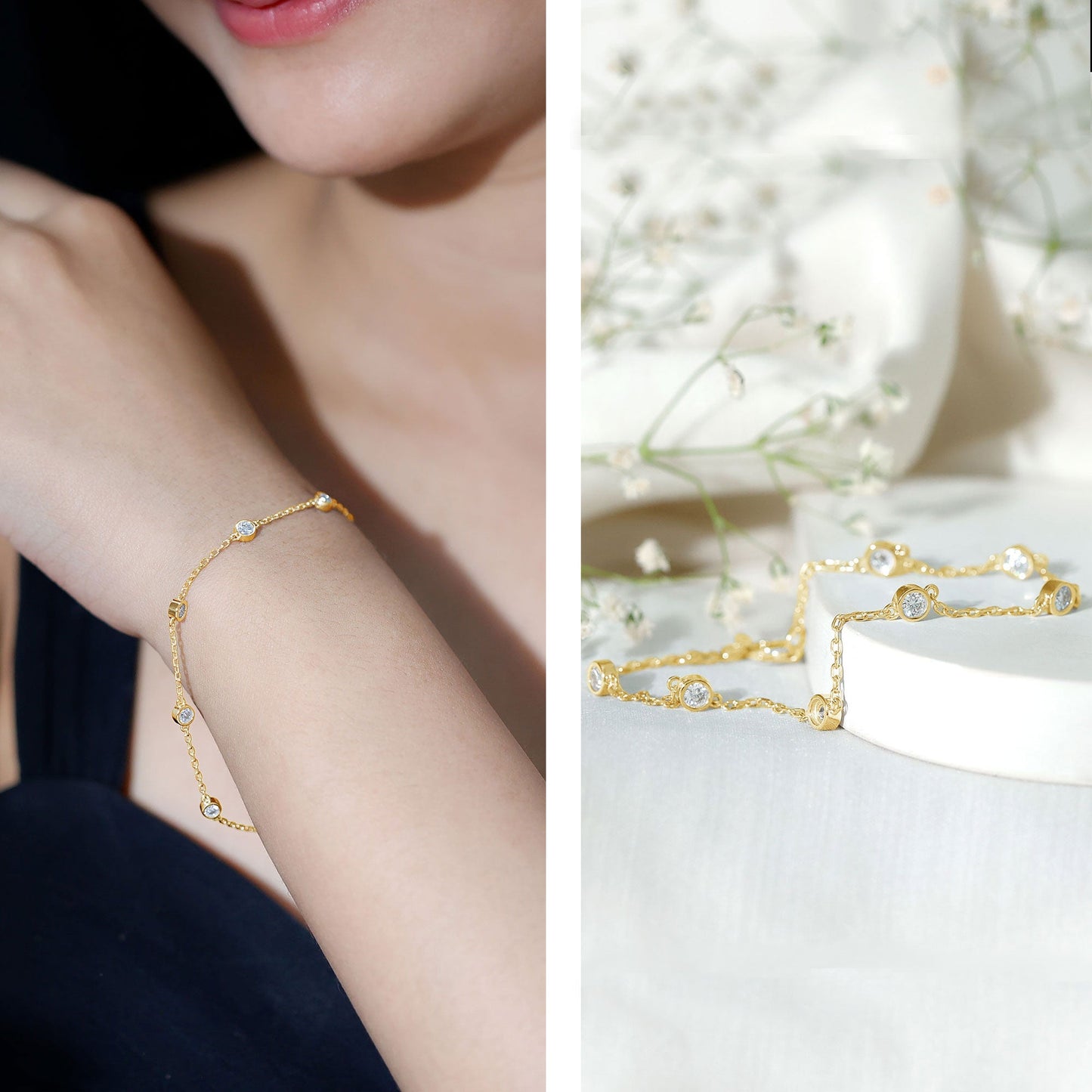 Round Cut Certified Moissanite Chain Bracelet in Bezel Setting