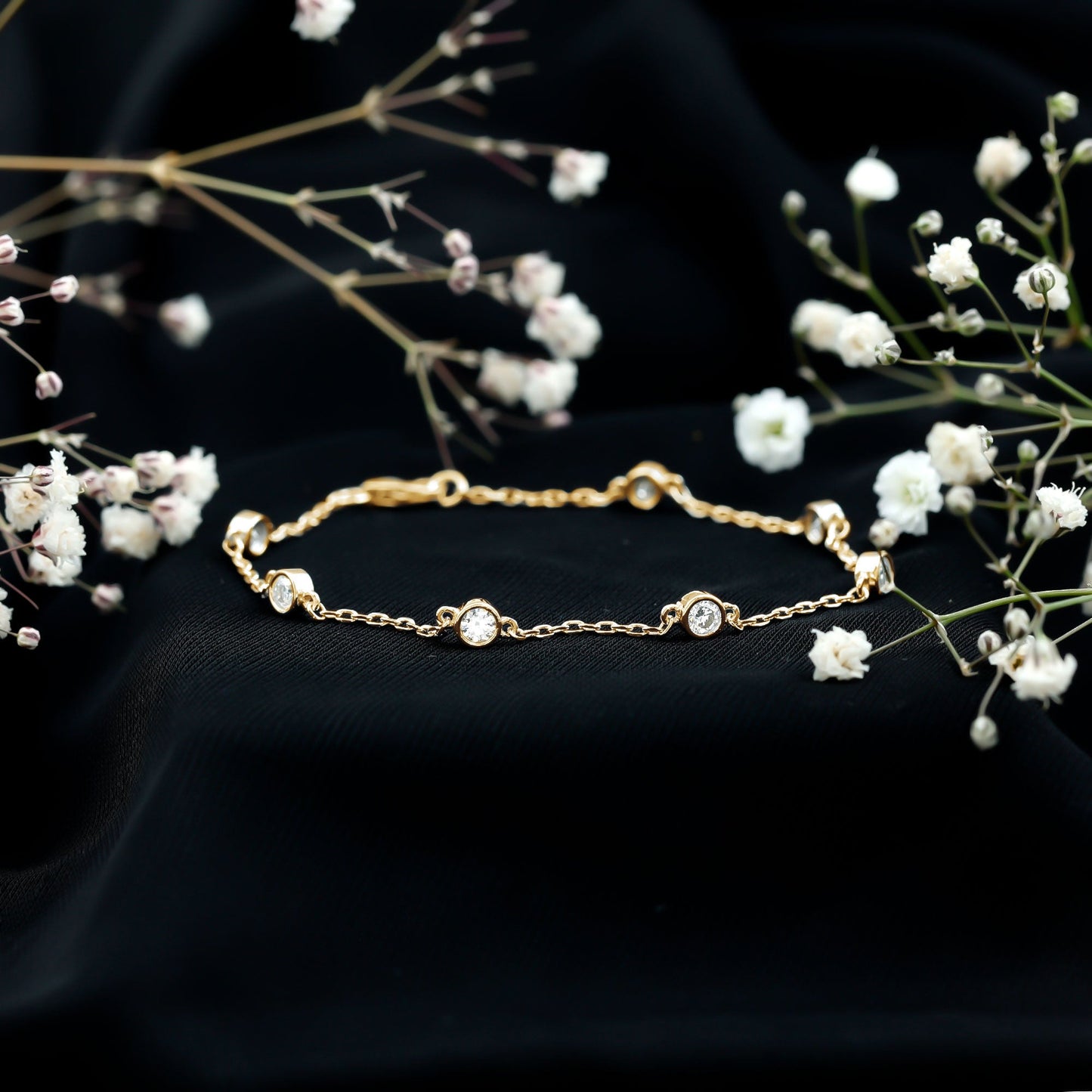 Round Cut Certified Moissanite Chain Bracelet in Bezel Setting