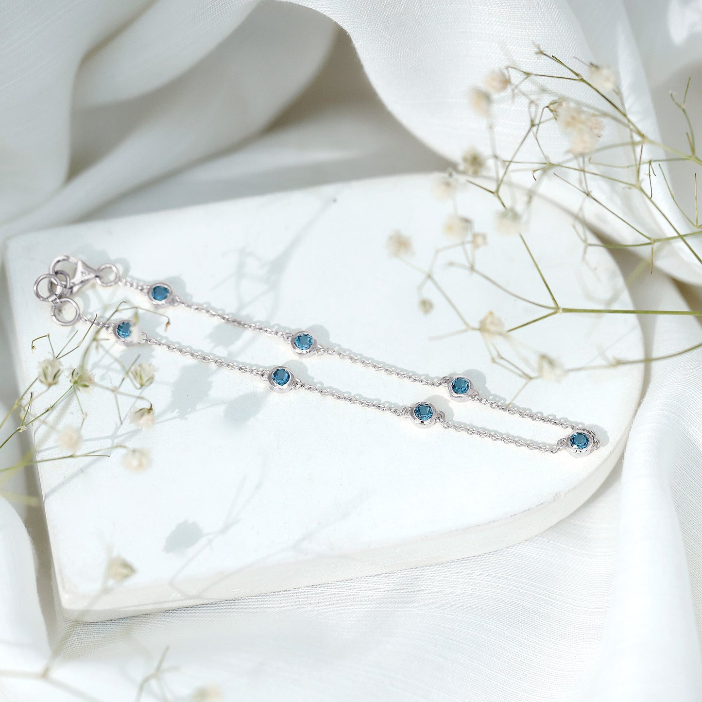 Bezel Set London Blue Topaz Station Chain Bracelet