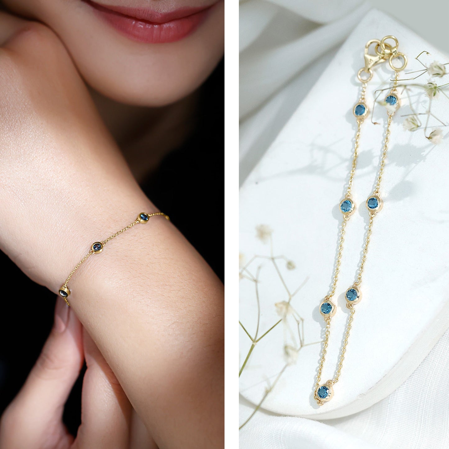 Bezel Set London Blue Topaz Station Chain Bracelet