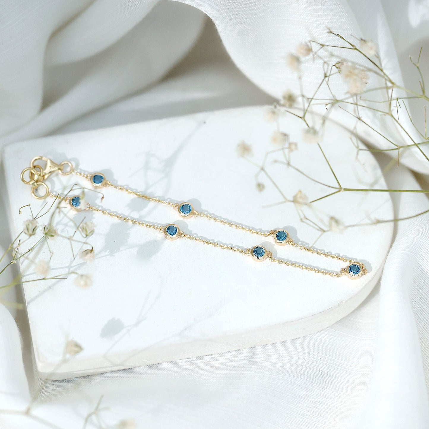 Bezel Set London Blue Topaz Station Chain Bracelet