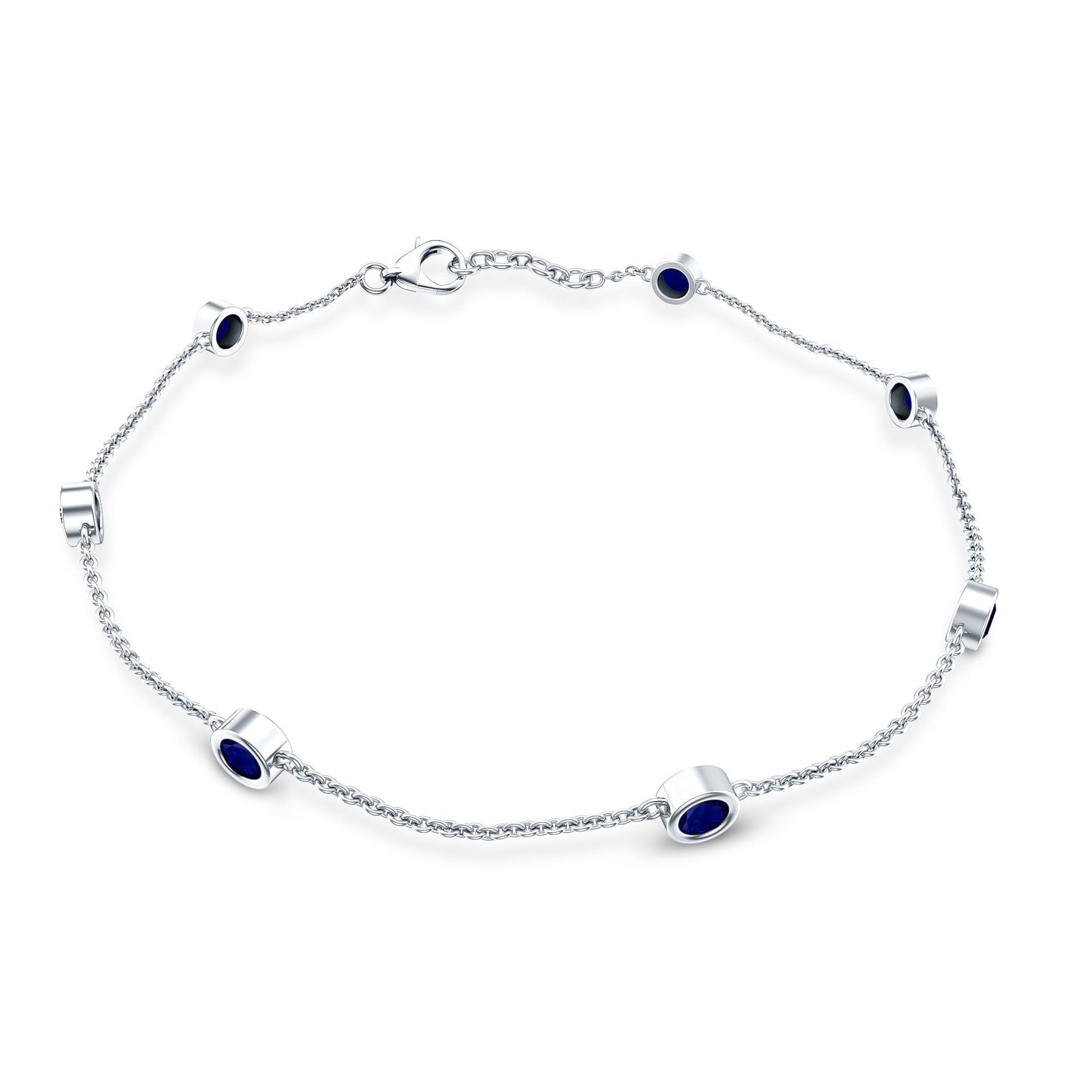 Natural Blue Sapphire 7 Stone Station Chain Bracelet