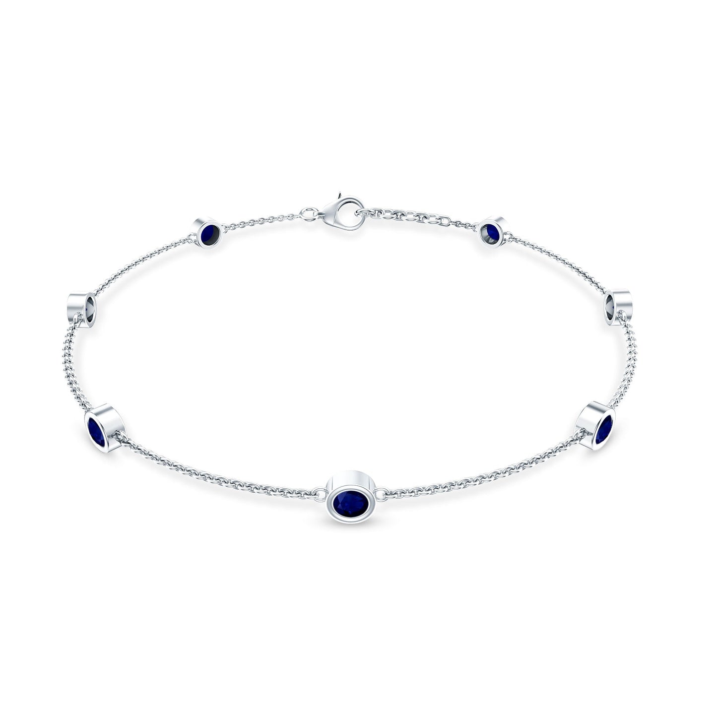 Natural Blue Sapphire 7 Stone Station Chain Bracelet