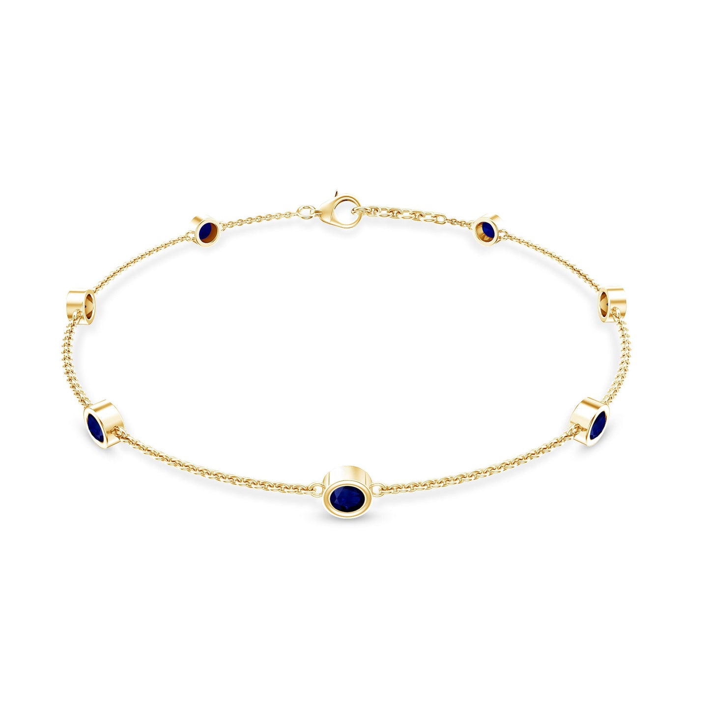 Natural Blue Sapphire 7 Stone Station Chain Bracelet