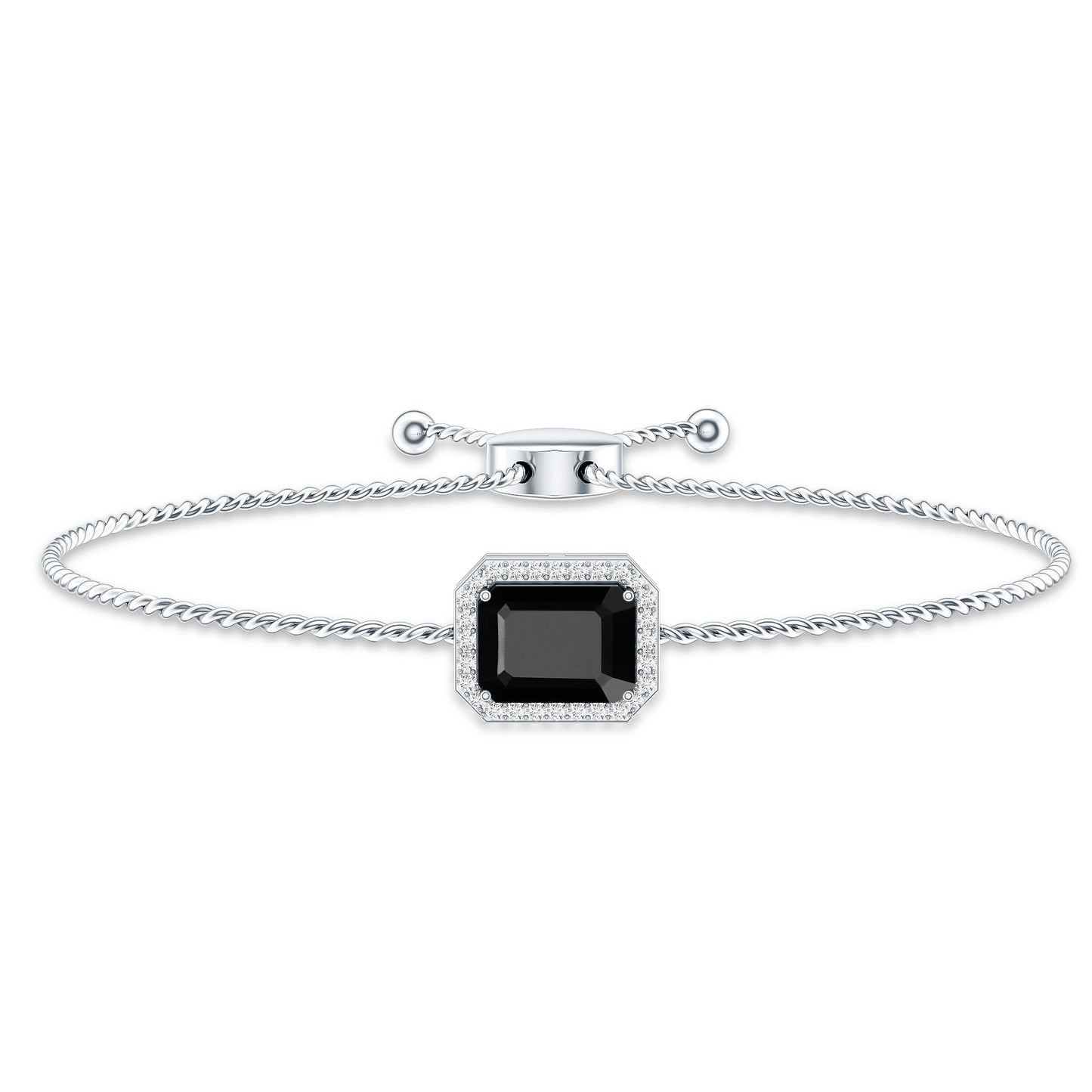 Natural 1.8 Carat Emerald Cut Black Onyx Bolo Bracelet with Diamond Halo