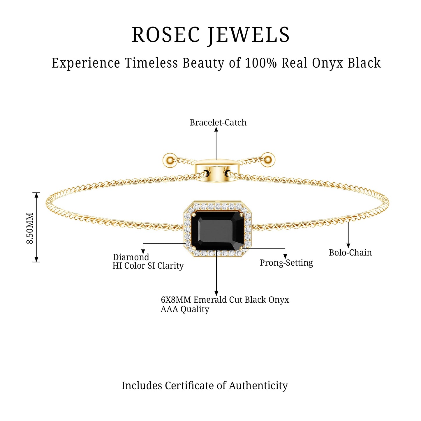 Natural 1.8 Carat Emerald Cut Black Onyx Bolo Bracelet with Diamond Halo