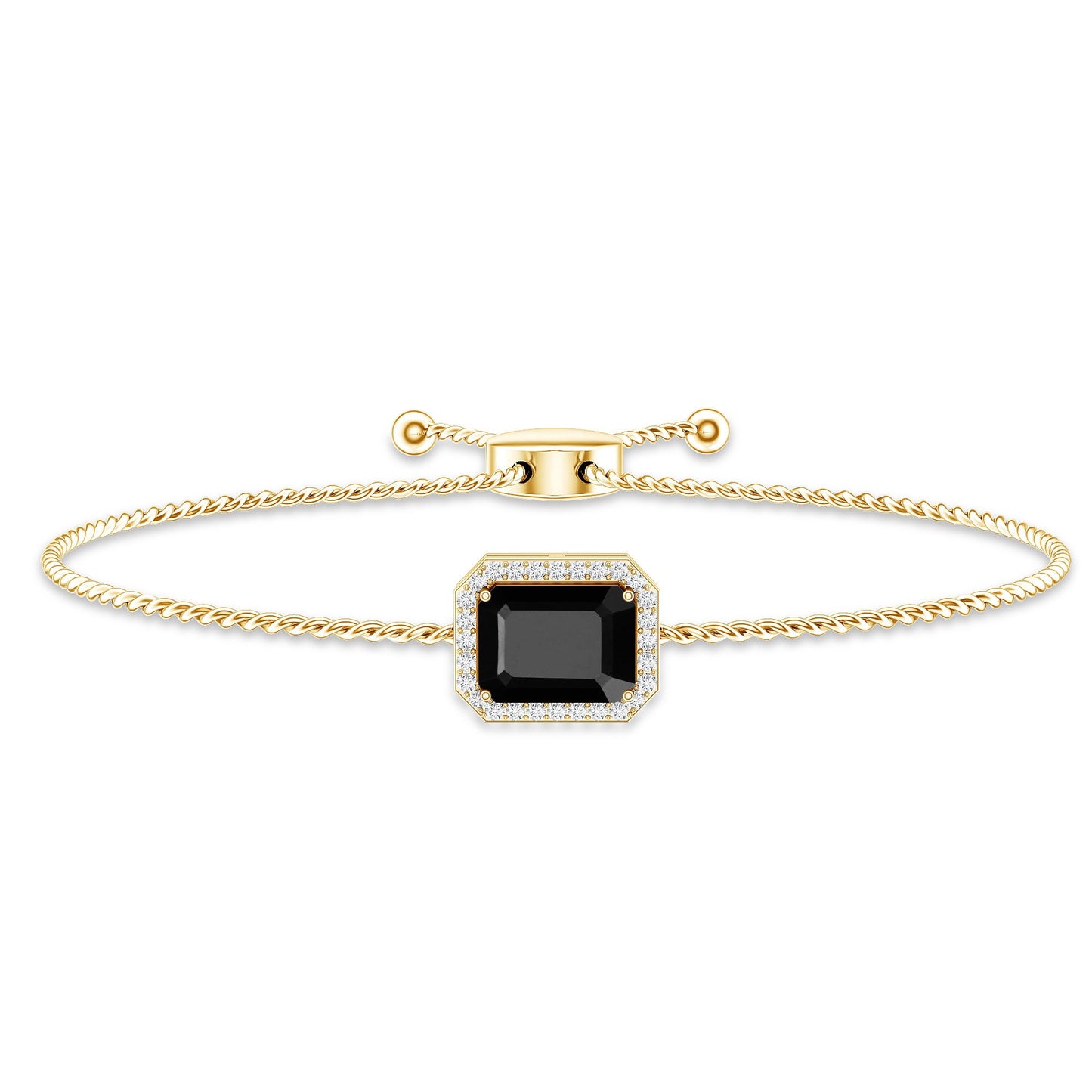 Natural 1.8 Carat Emerald Cut Black Onyx Bolo Bracelet with Diamond Halo