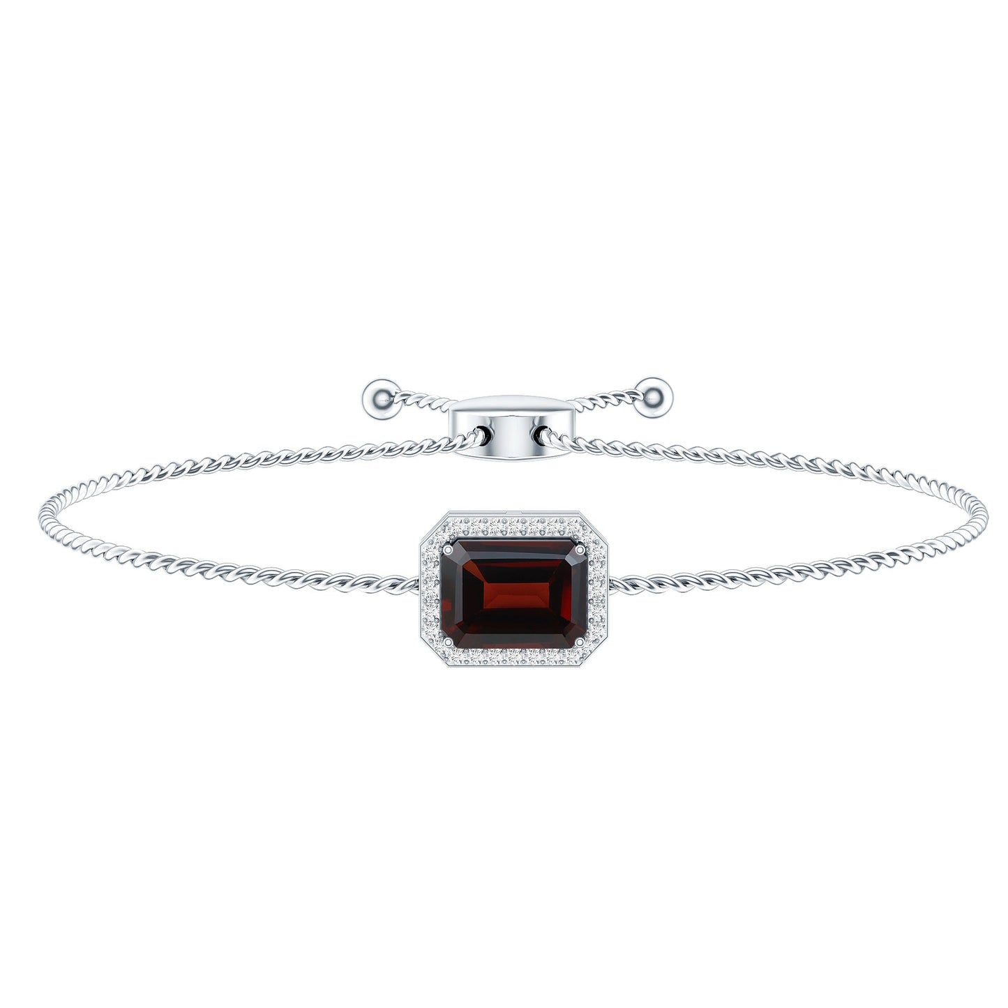 Real 2 Carat Emerald Cut Garnet Bolo Bracelet with Diamond Halo