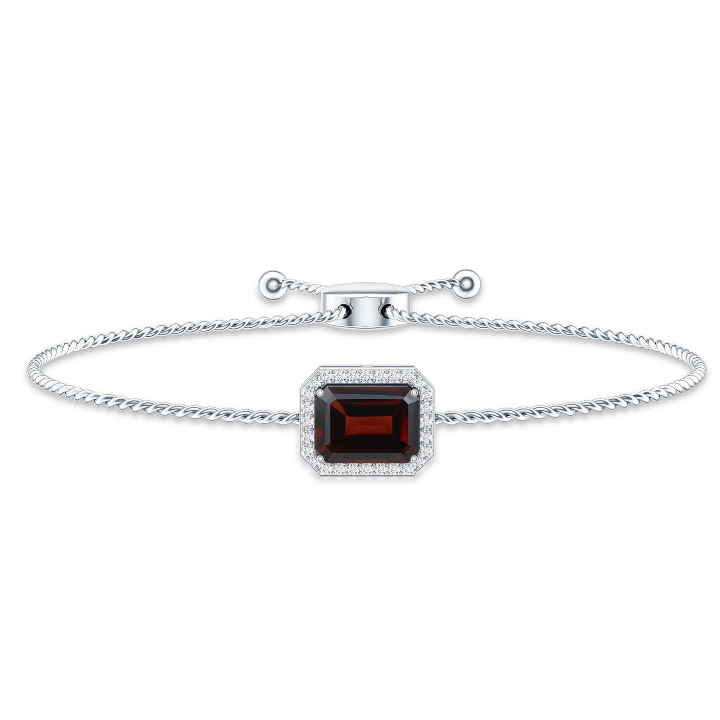 Real 2 Carat Emerald Cut Garnet Bolo Bracelet with Diamond Halo