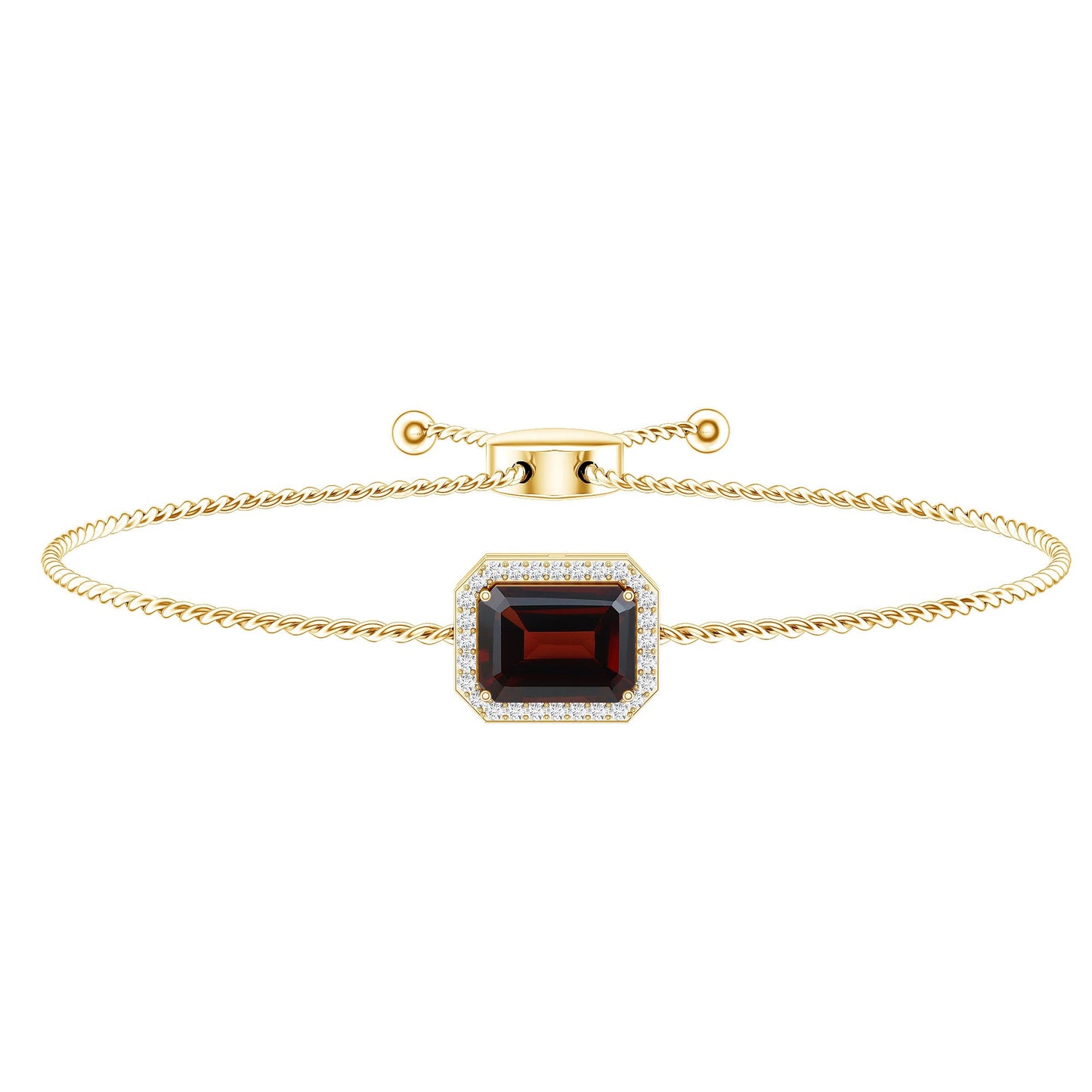 Real 2 Carat Emerald Cut Garnet Bolo Bracelet with Diamond Halo