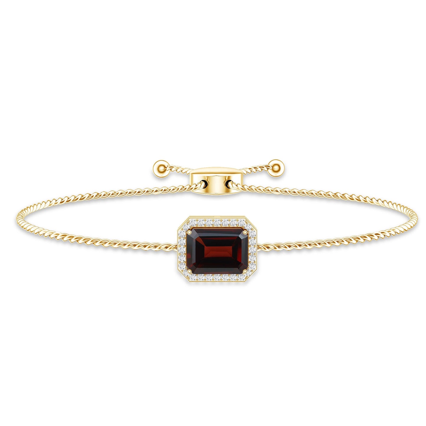 Real 2 Carat Emerald Cut Garnet Bolo Bracelet with Diamond Halo