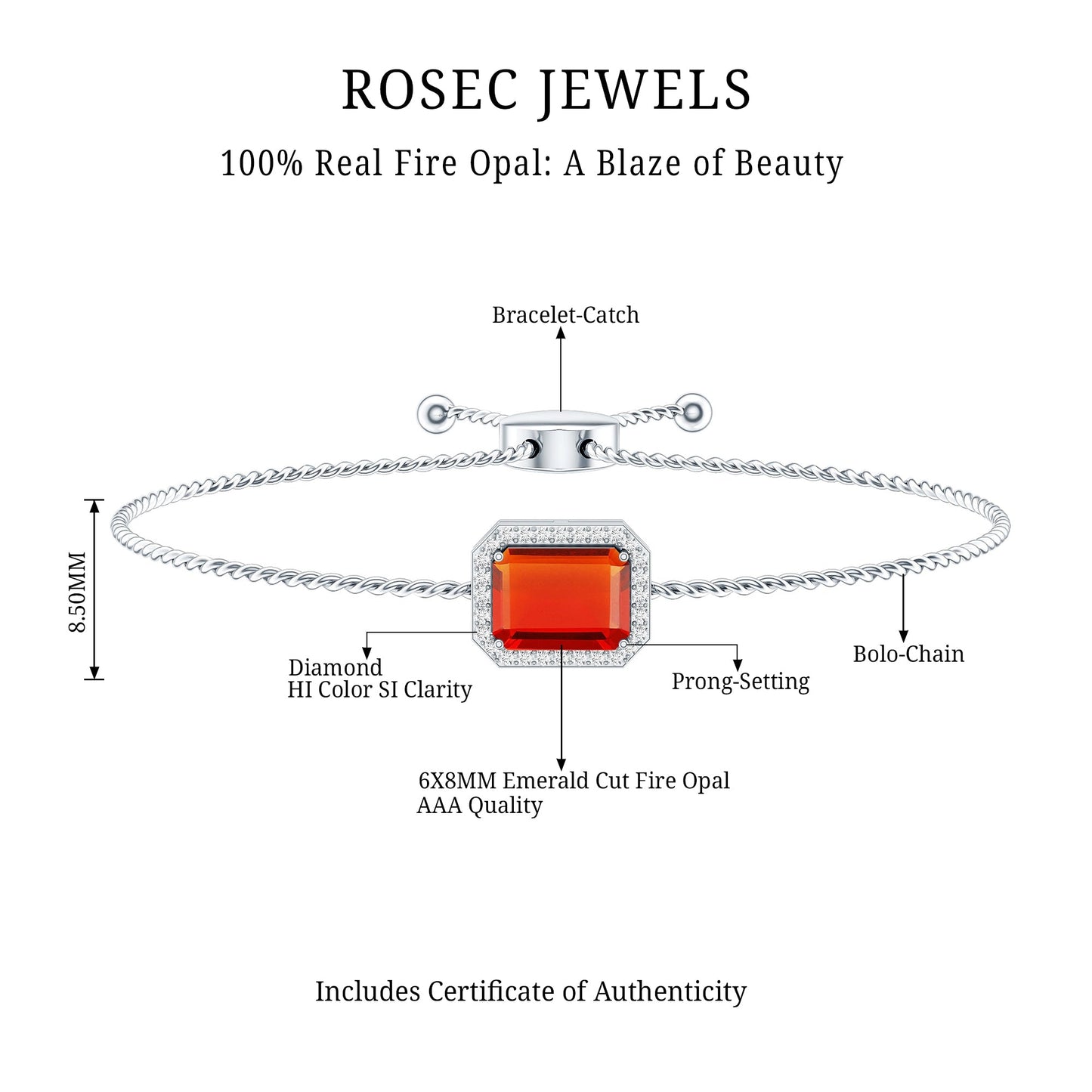 Real 1 Carat Emerald Cut Fire Opal Bolo Bracelet with Diamond Halo
