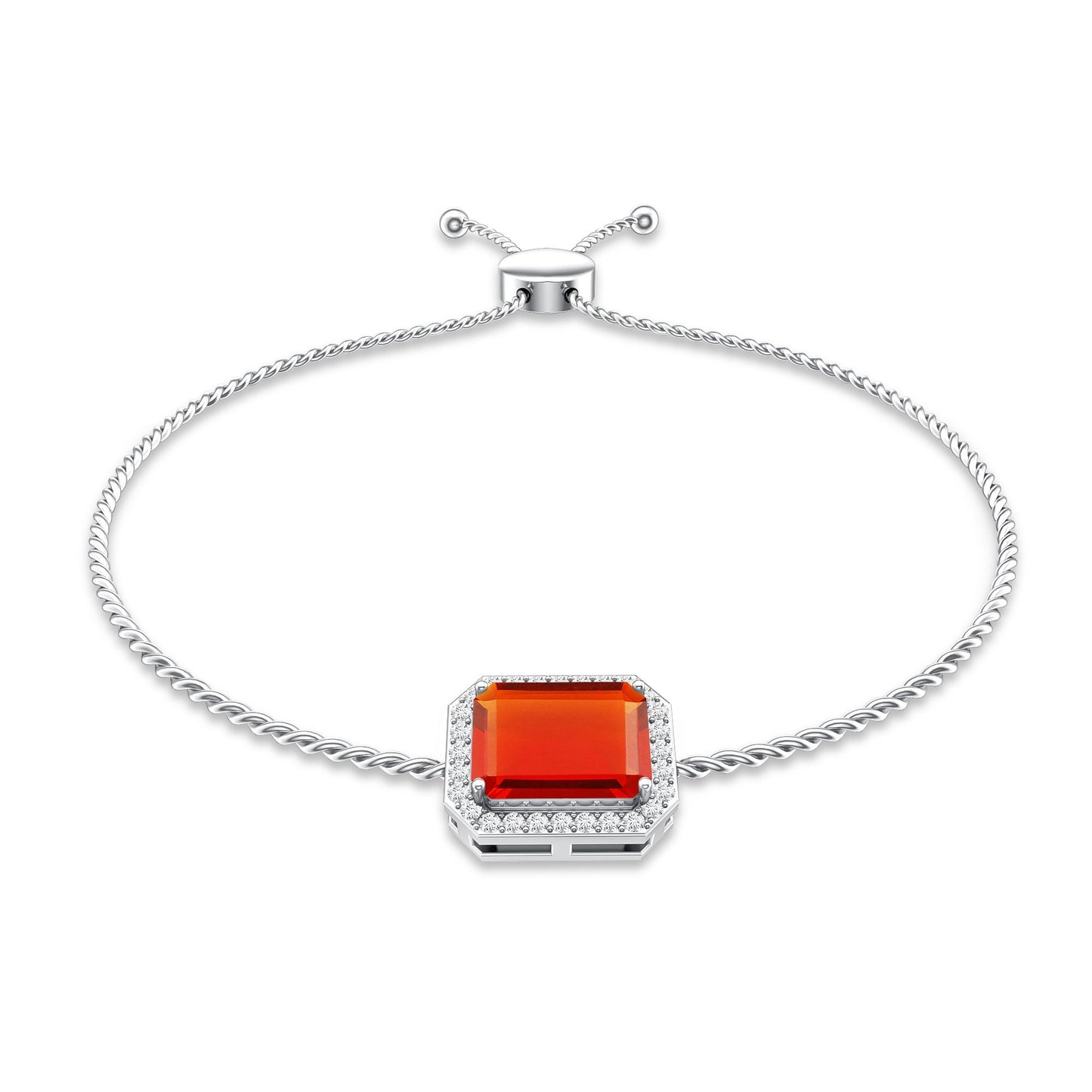 Real 1 Carat Emerald Cut Fire Opal Bolo Bracelet with Diamond Halo