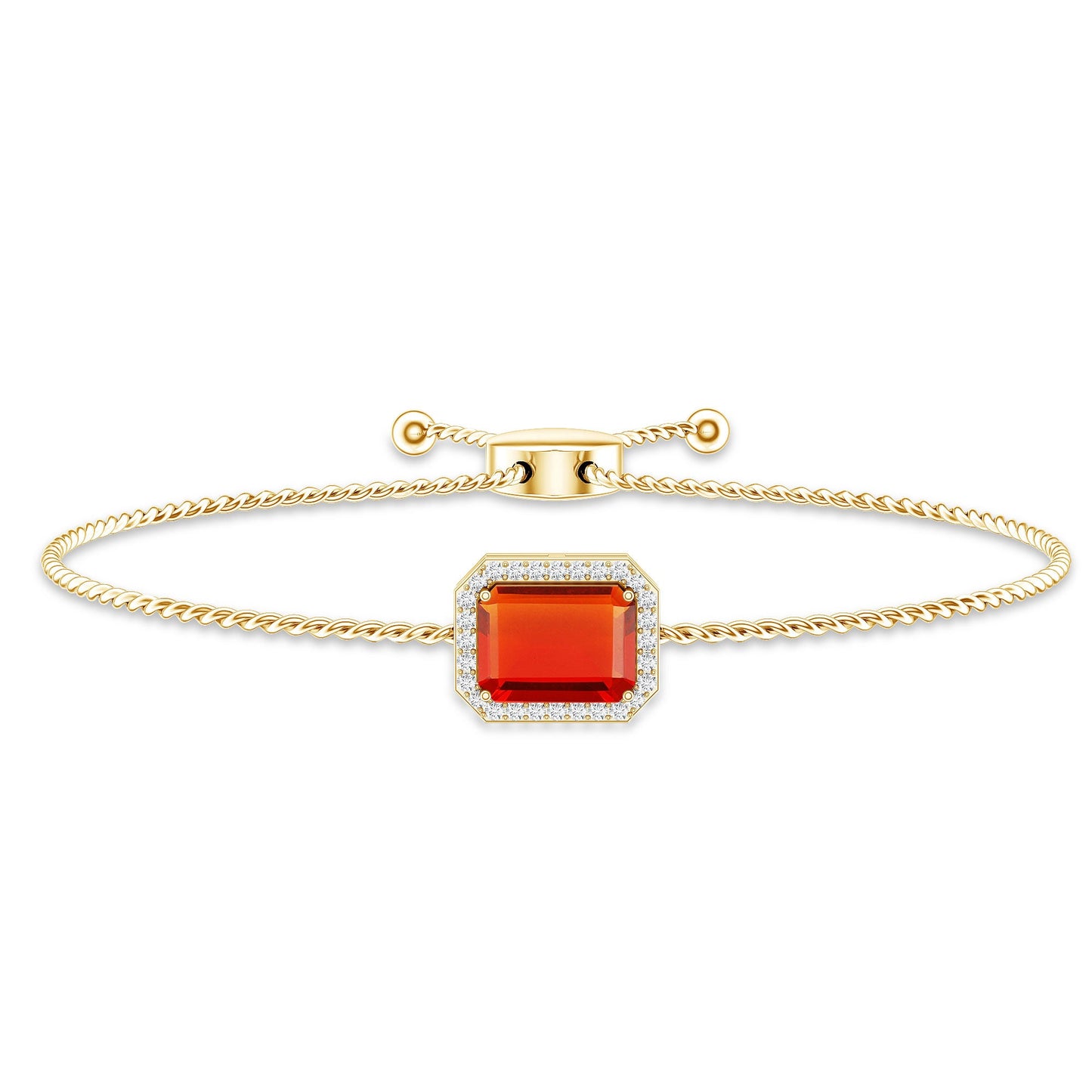 Real 1 Carat Emerald Cut Fire Opal Bolo Bracelet with Diamond Halo