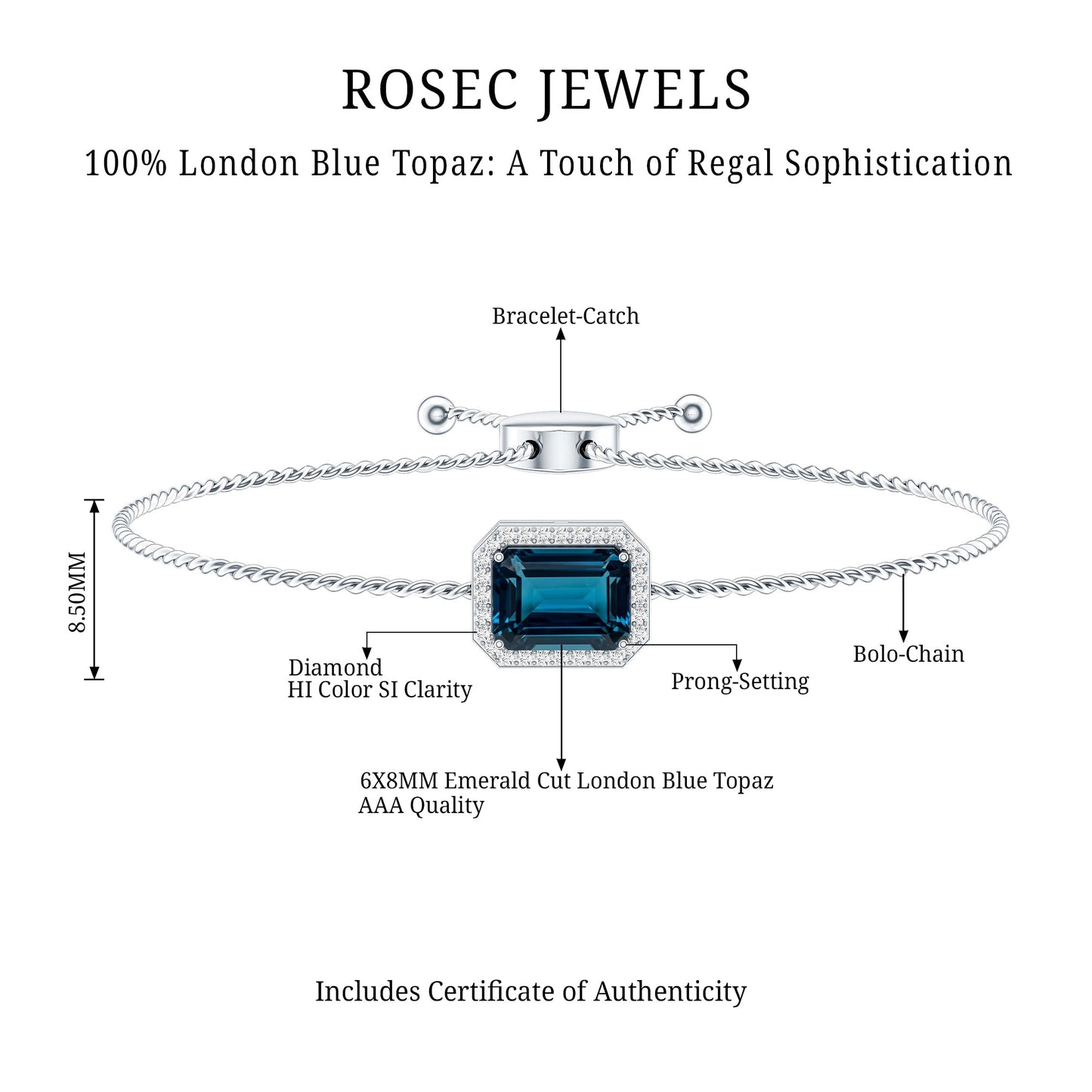 Emerald Cut London Blue Topaz and Diamond Bolo Chain Bracelet