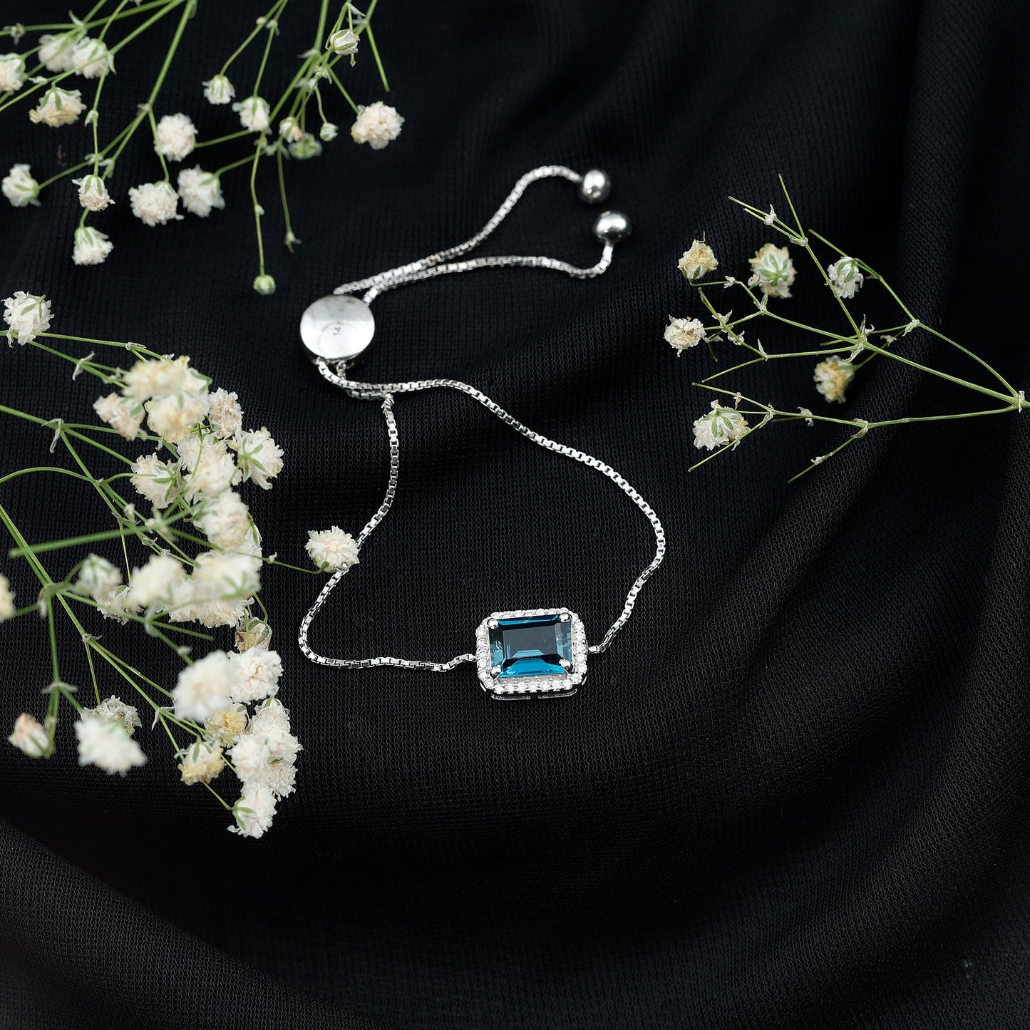 Emerald Cut London Blue Topaz and Diamond Bolo Chain Bracelet