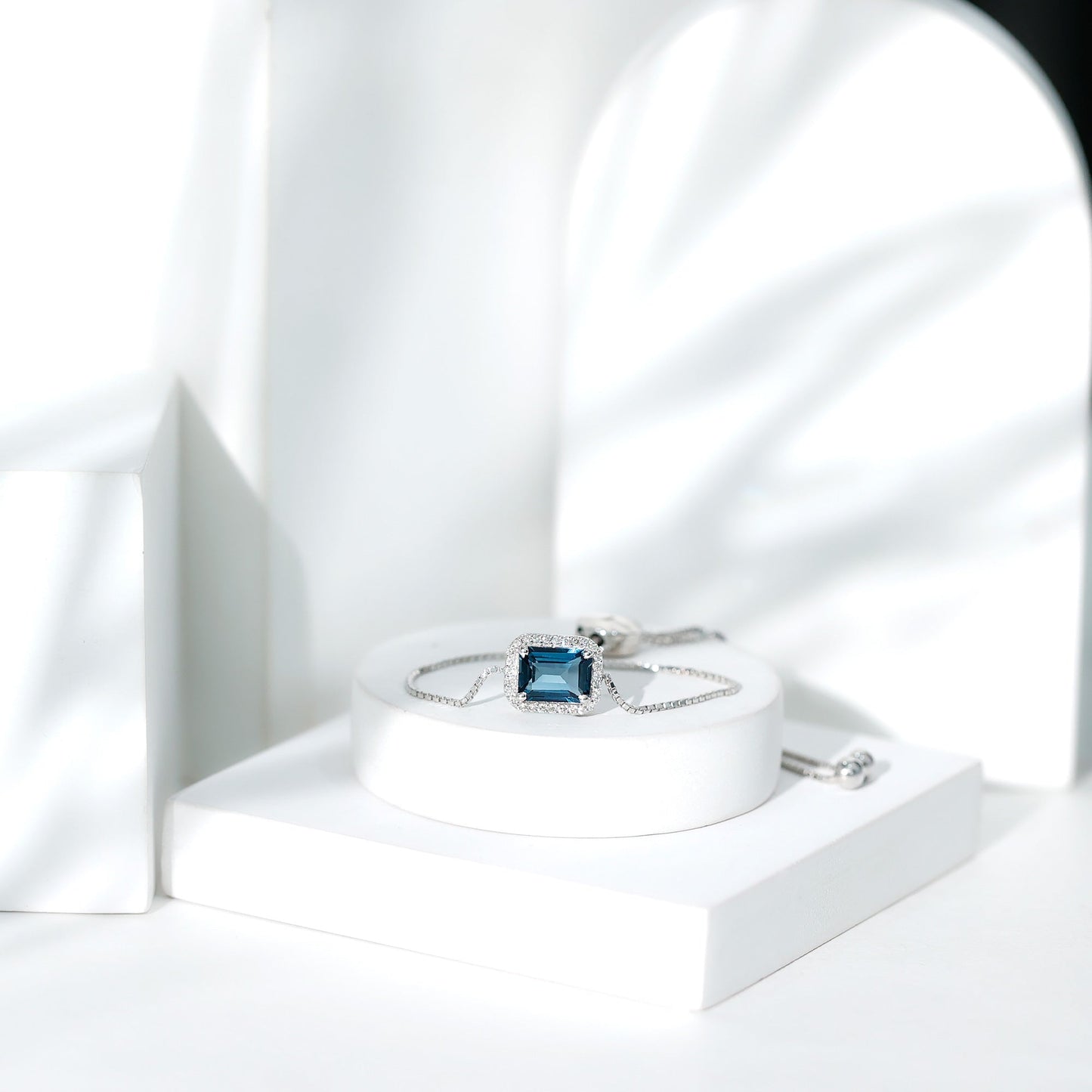 Emerald Cut London Blue Topaz and Diamond Bolo Chain Bracelet