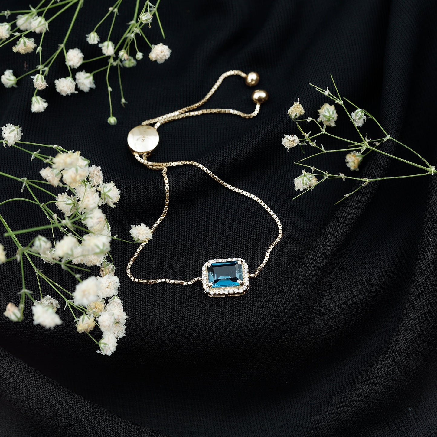 Emerald Cut London Blue Topaz and Diamond Bolo Chain Bracelet