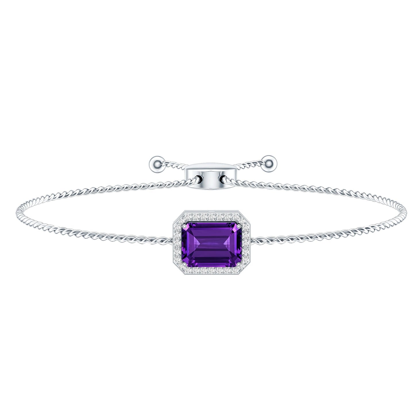 Natural 1.4 Carat Emerald Cut Amethyst Diamond Bolo Bracelet