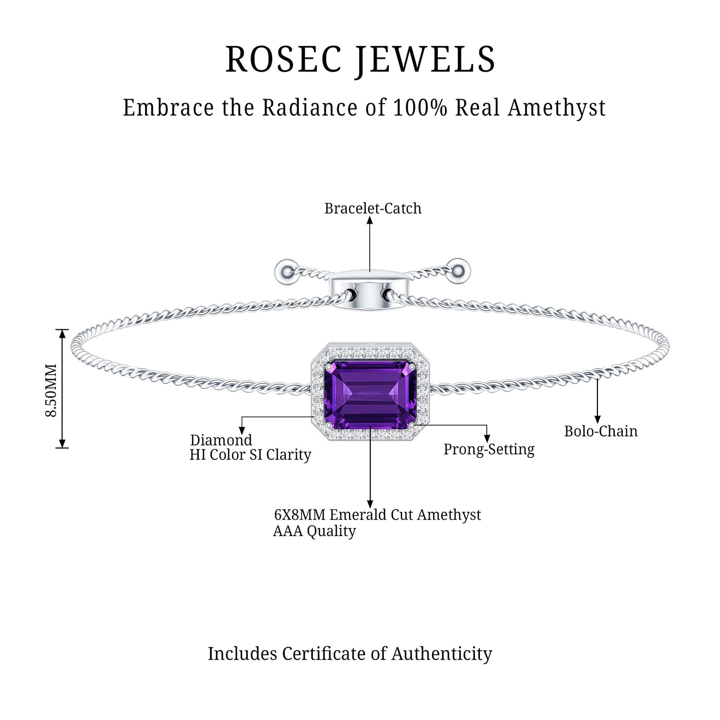 Natural 1.4 Carat Emerald Cut Amethyst Diamond Bolo Bracelet