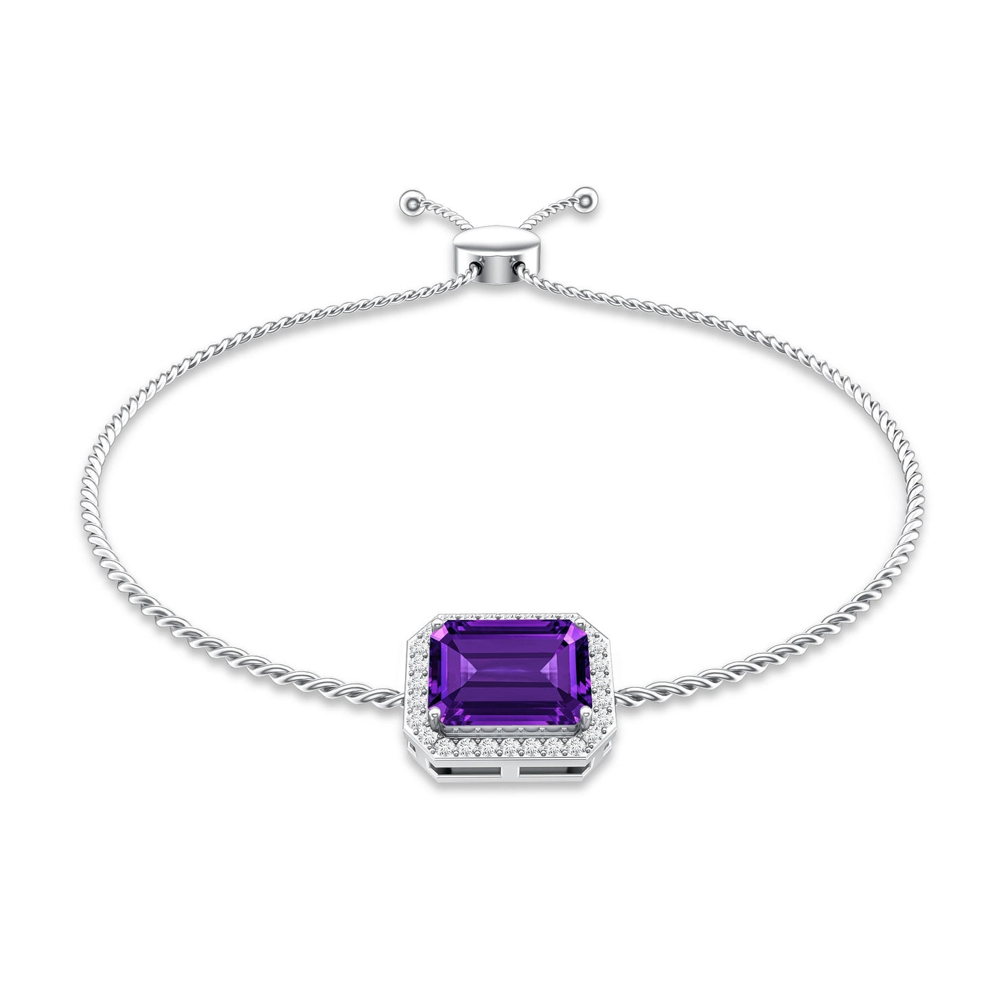 Natural 1.4 Carat Emerald Cut Amethyst Diamond Bolo Bracelet