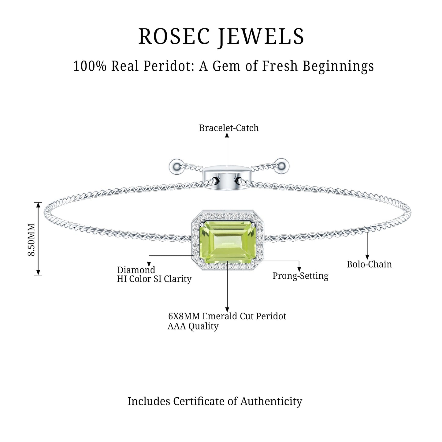 1.8 Carat Emerald Cut Peridot and Diamond Bolo Chain Bracelet