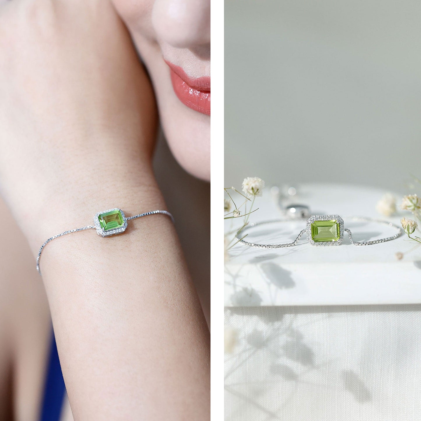 1.8 Carat Emerald Cut Peridot and Diamond Bolo Chain Bracelet