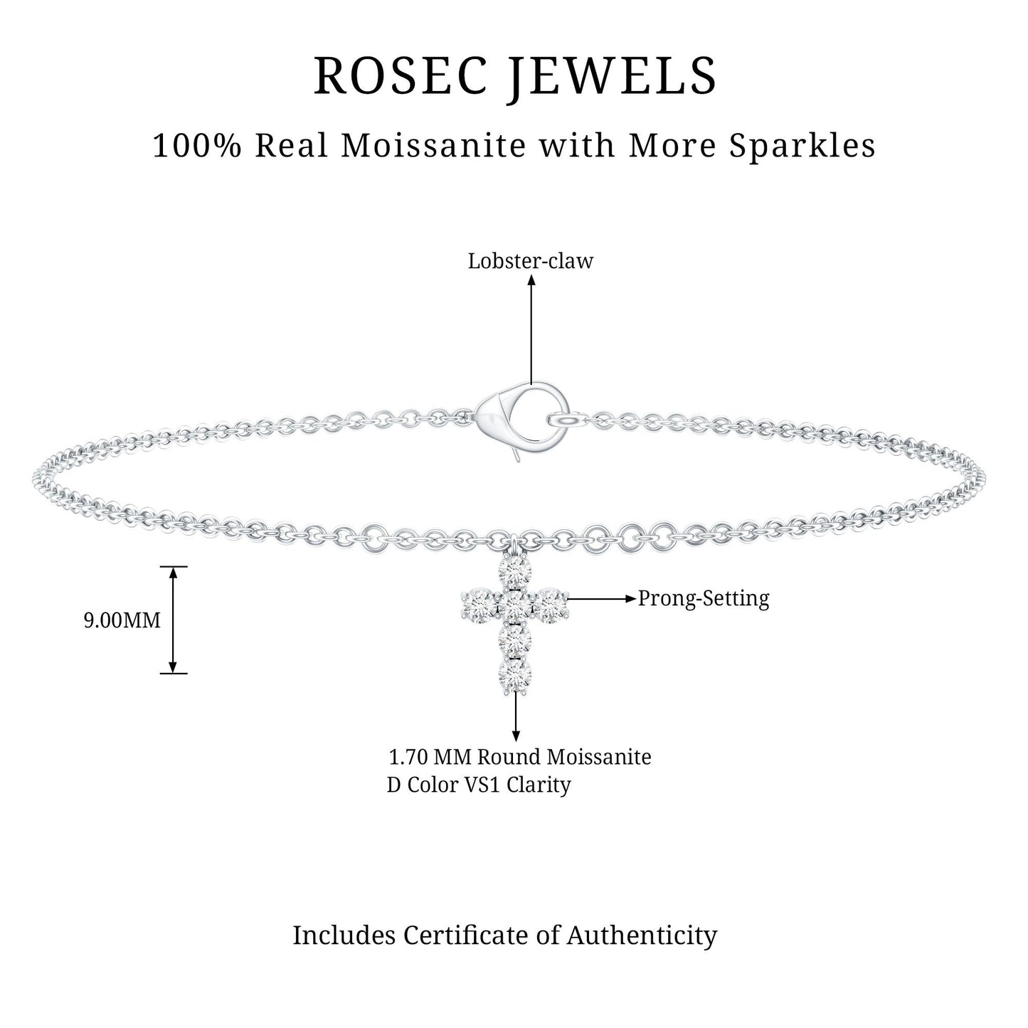 Certified Moissanite Cross Charm Chain Bracelet for Women
