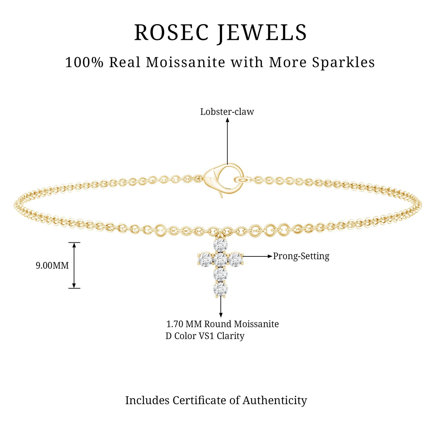 Certified Moissanite Cross Charm Chain Bracelet for Women
