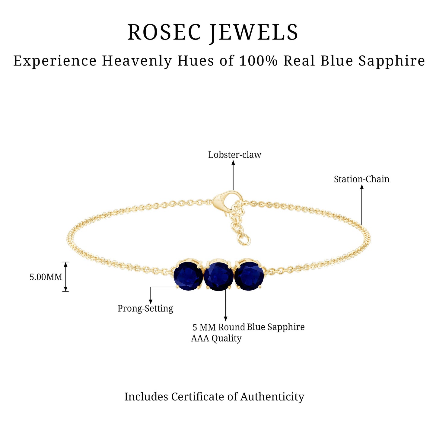 Natural Blue Sapphire Three Stone Chain Bracelet