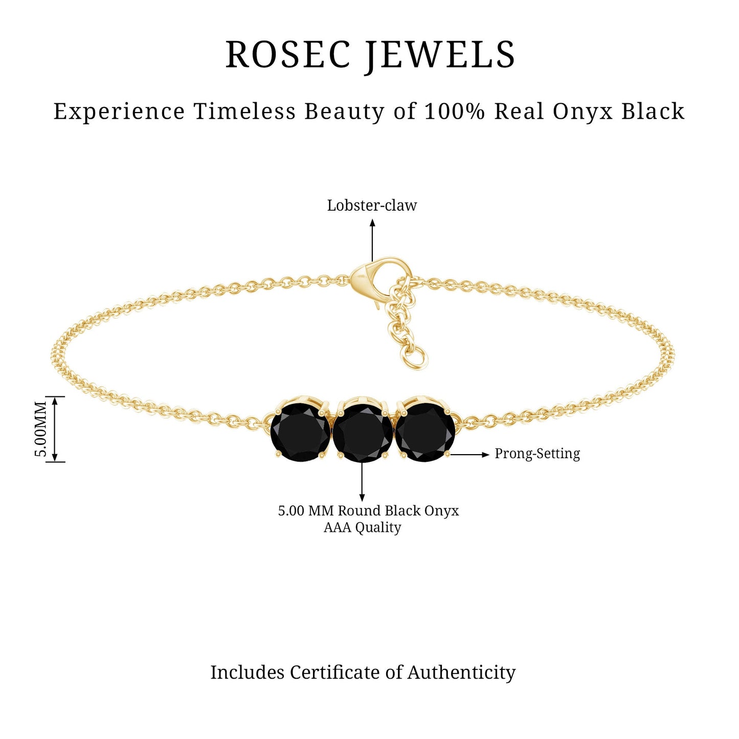 Black Onyx Three Stone Chain Bracelet with Certificate