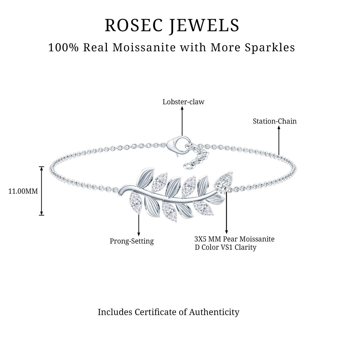 Certified Moissanite Leaf Chain Bracelet for Women