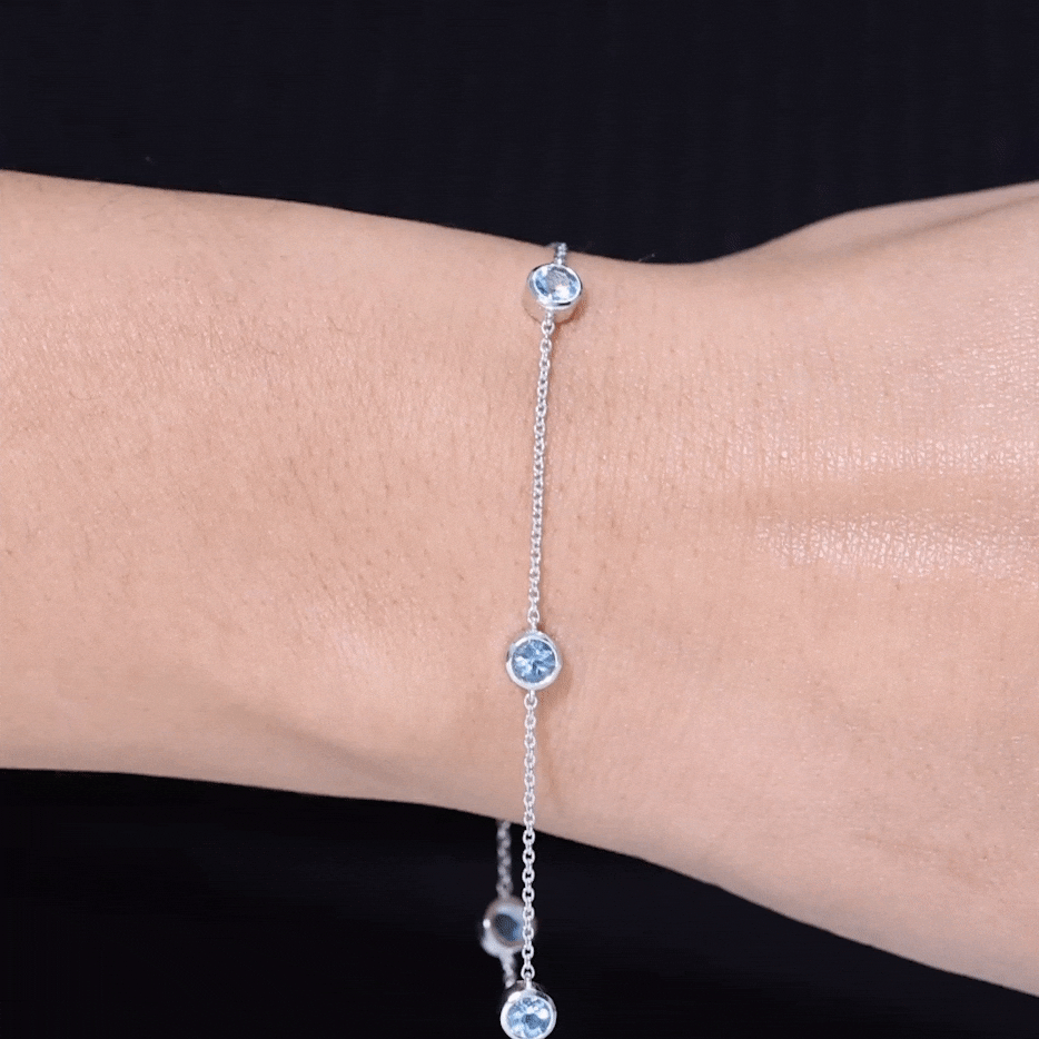 Real Aquamarine Station Chain Bracelet in Bezel Setting