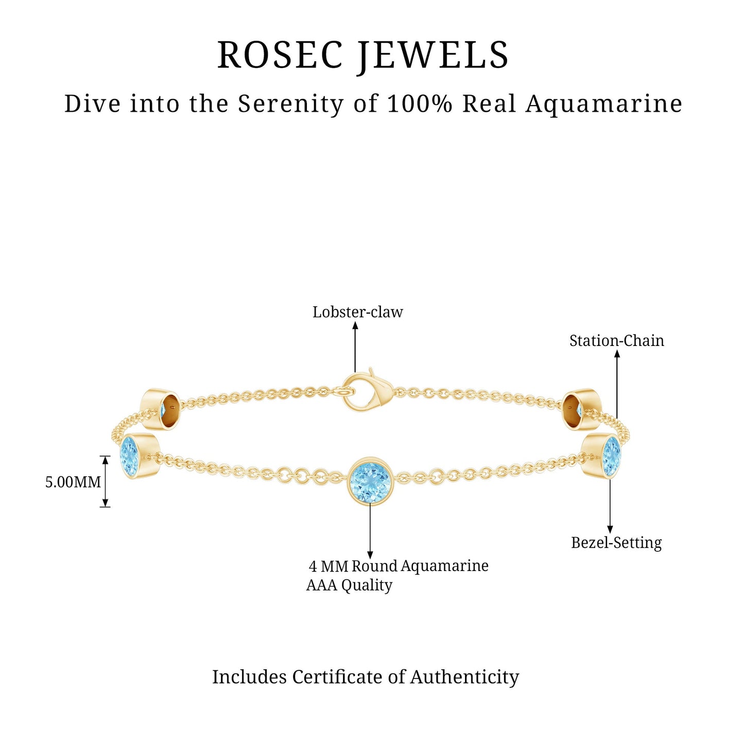 Real Aquamarine Station Chain Bracelet in Bezel Setting