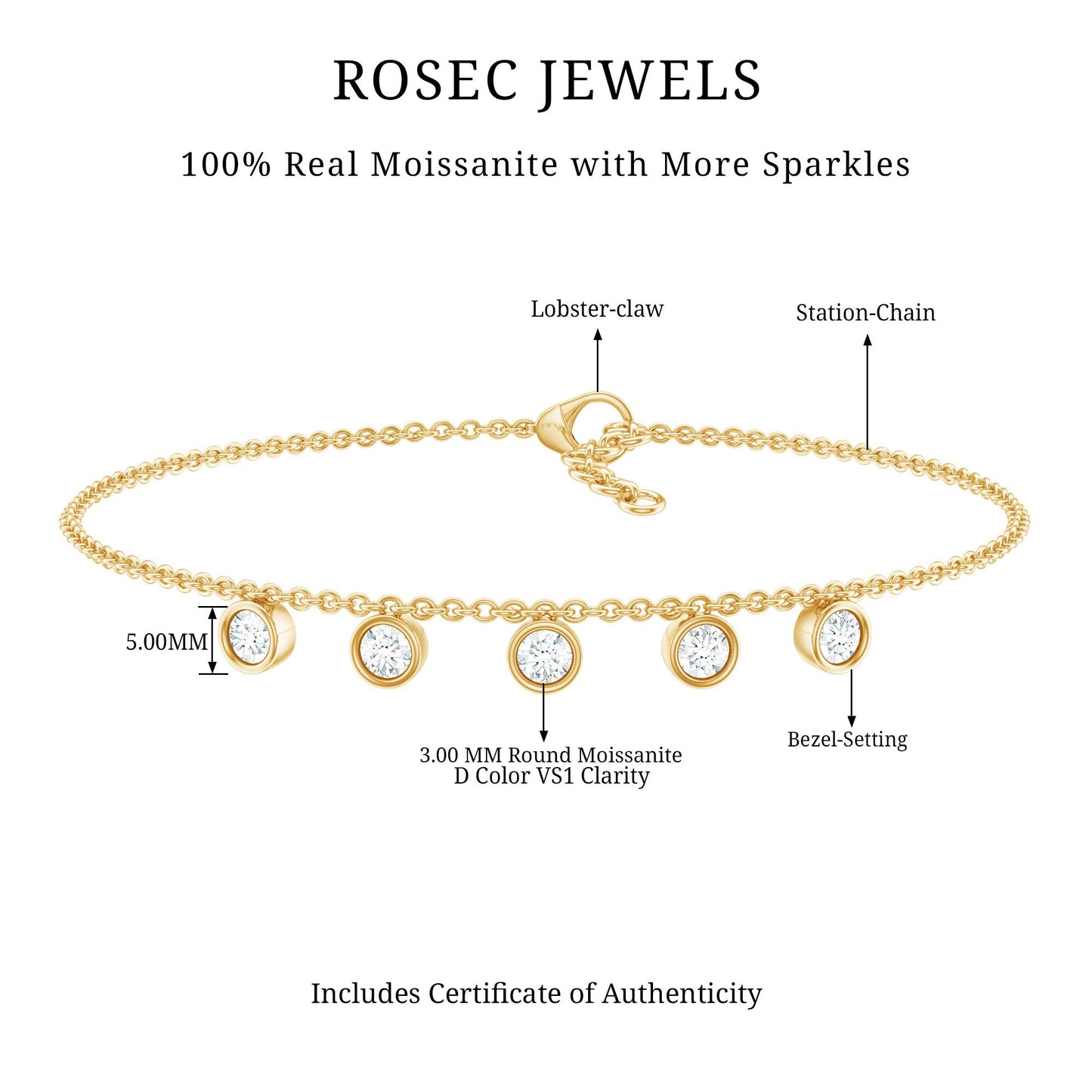Certified Moissanite Five Stone Bracelet with Certificate
