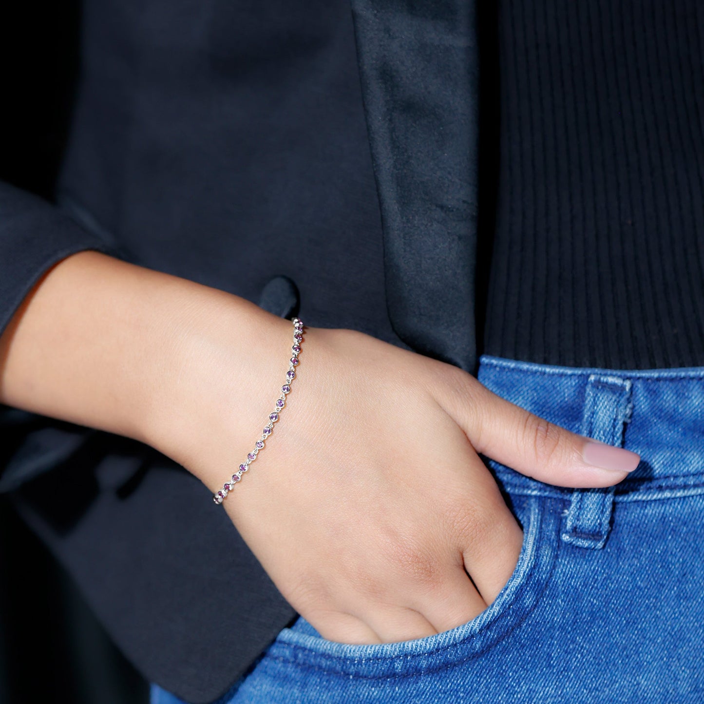 Minimalist Bezel Set Amethyst Chain Bracelet