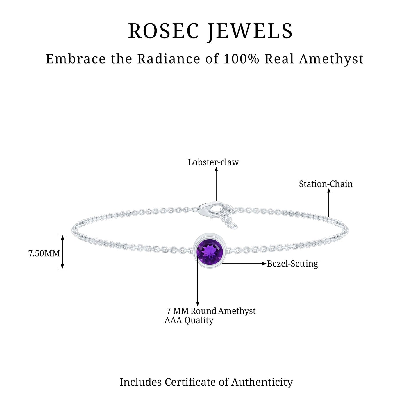 1.2 Carat Genuine Amethyst Solitaire Chain Bracelet in Bezel Set