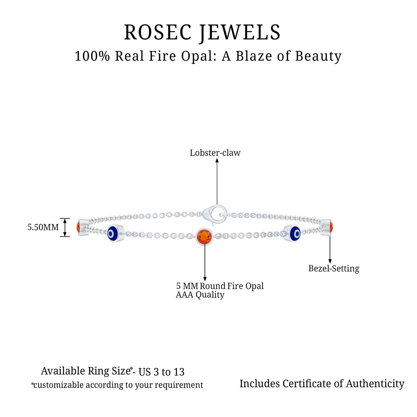Bezel Set Fire Opal Evil Eye Station Bracelet for Women