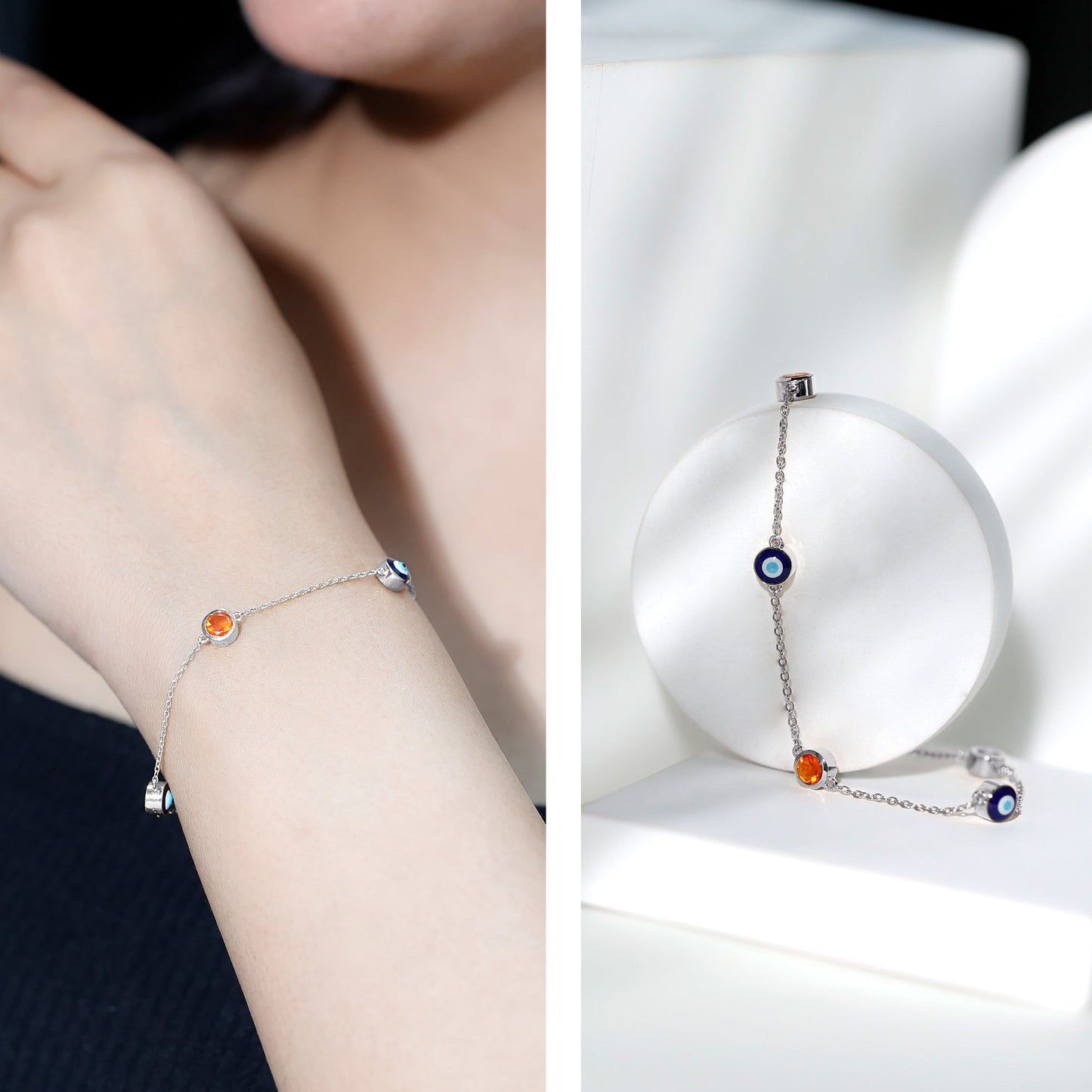 Bezel Set Fire Opal Evil Eye Station Bracelet for Women