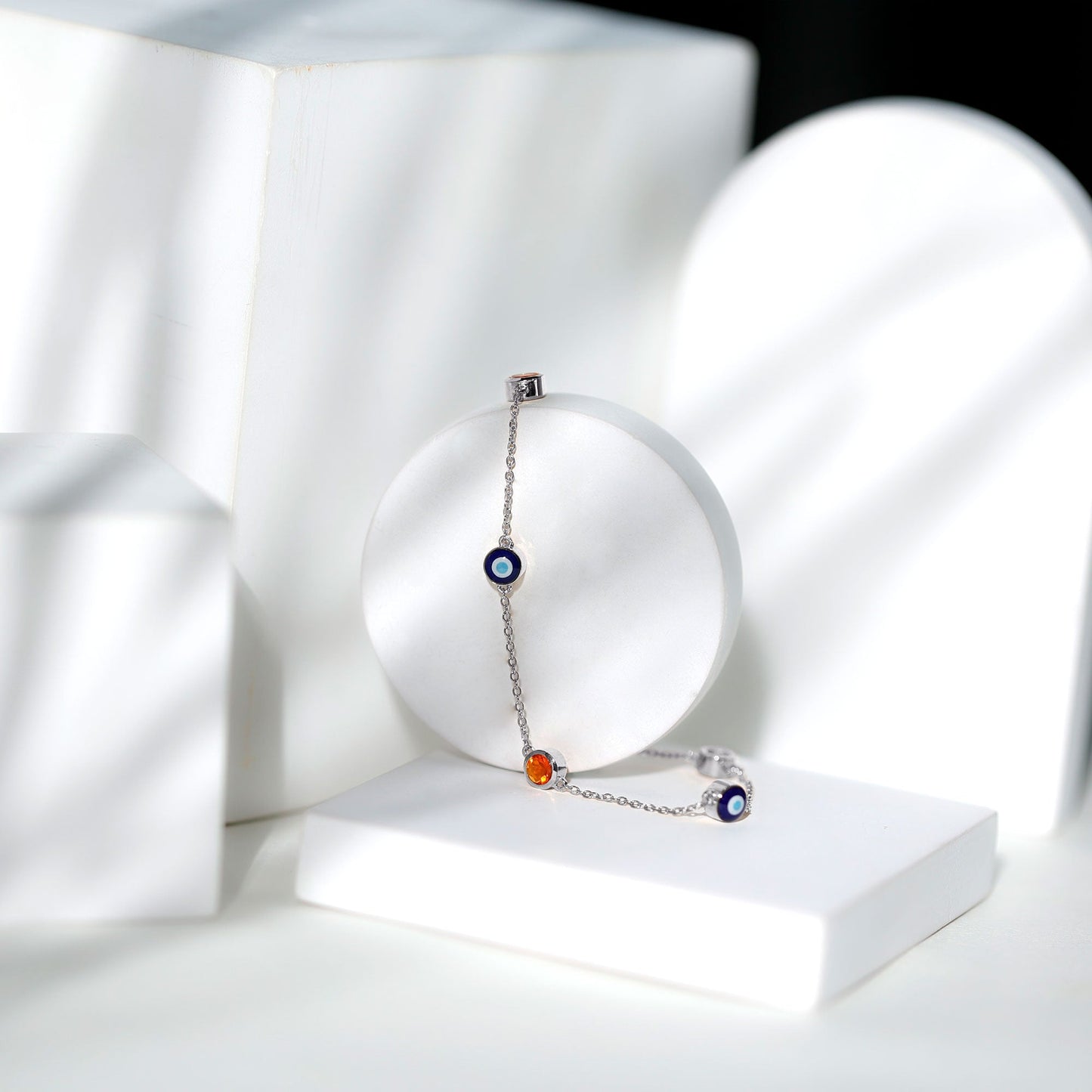 Bezel Set Fire Opal Evil Eye Station Bracelet for Women