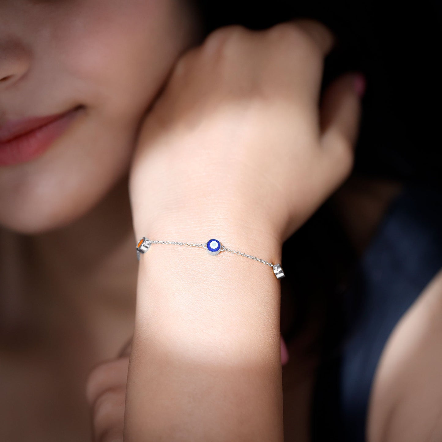Bezel Set Fire Opal Evil Eye Station Bracelet for Women