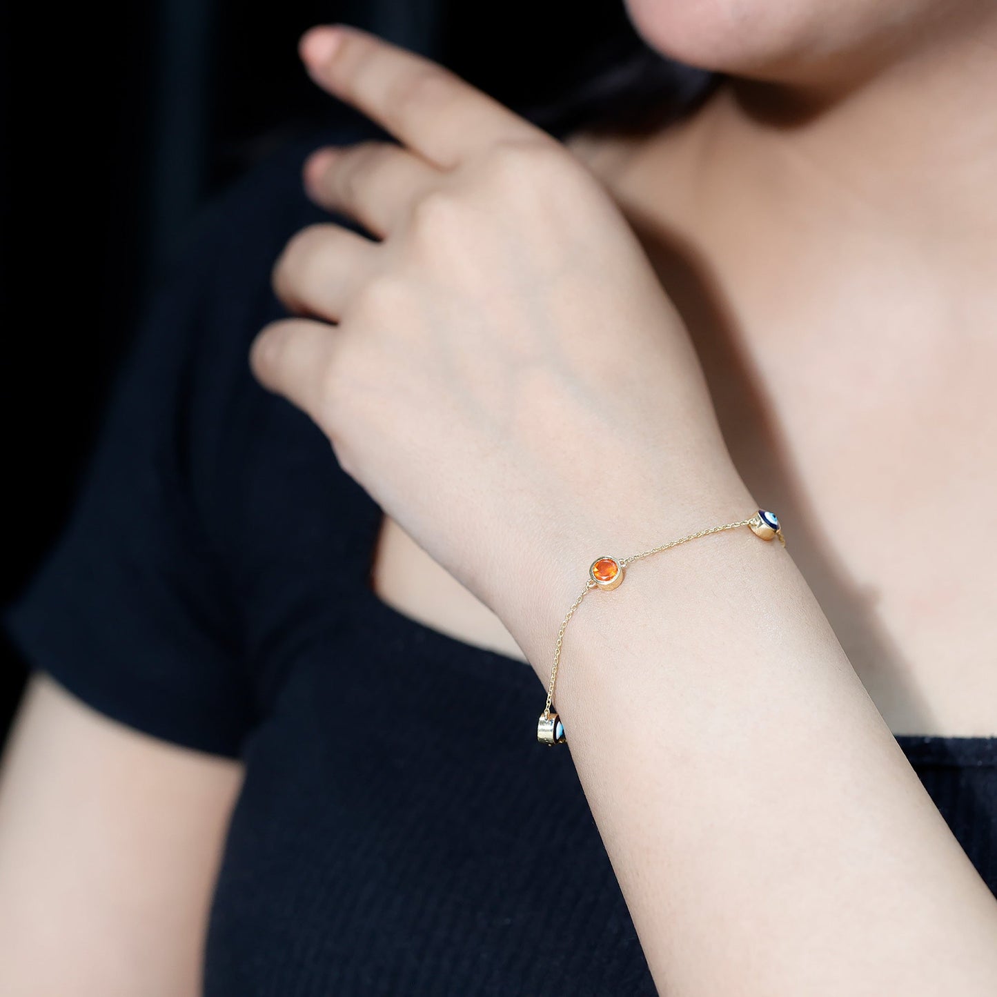 Bezel Set Fire Opal Evil Eye Station Bracelet for Women