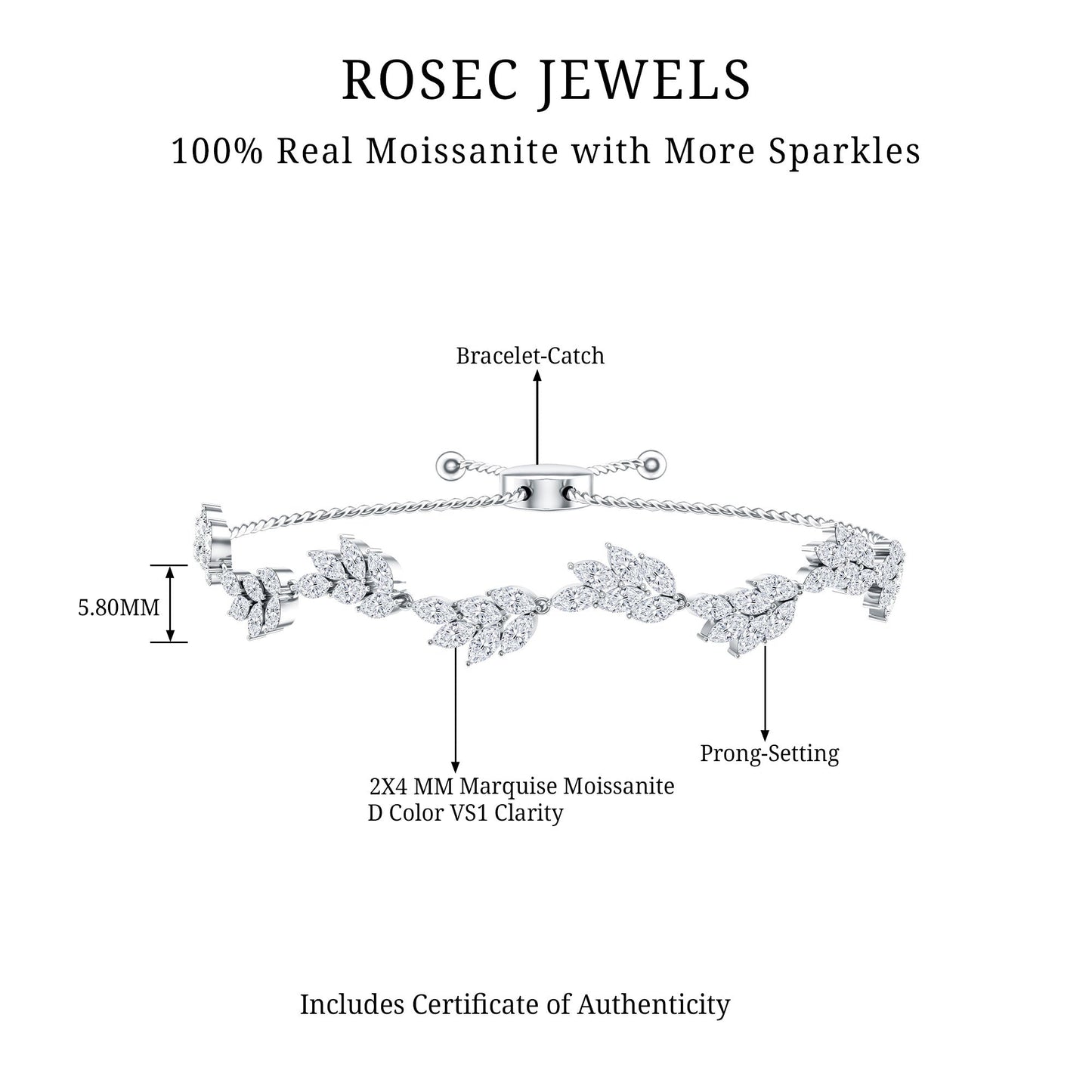 Leaf Bolo Bracelet with Marquise Cut Moissanite