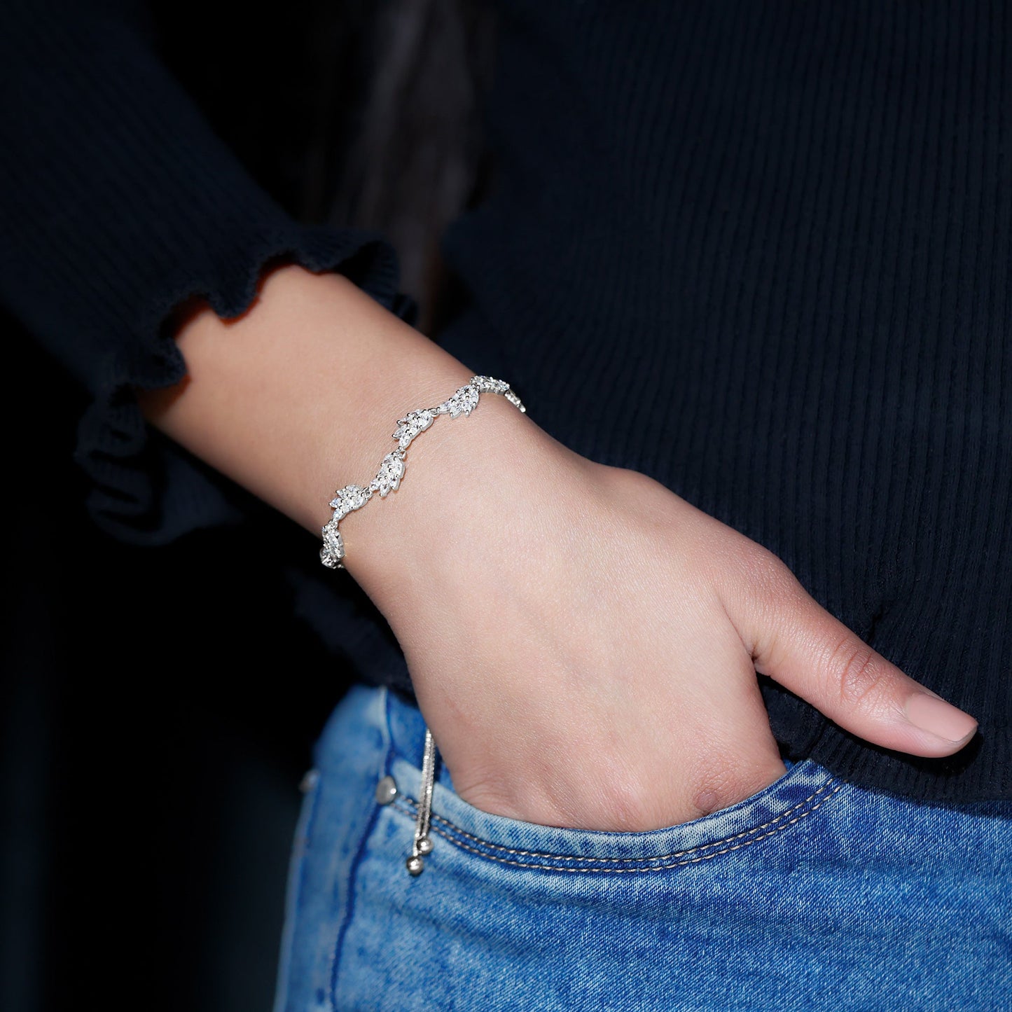 Leaf Bolo Bracelet with Marquise Cut Moissanite