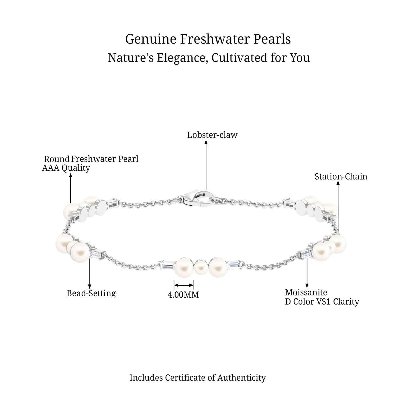 Certified Freshwater Pearl Station Bracelet with Moissanite
