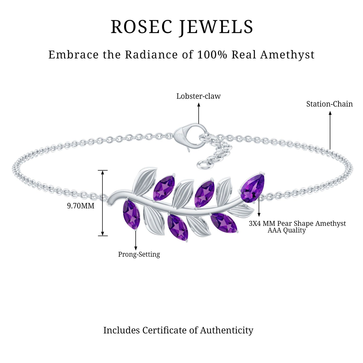 Natural Amethyst Leaf Bracelet with Certificate